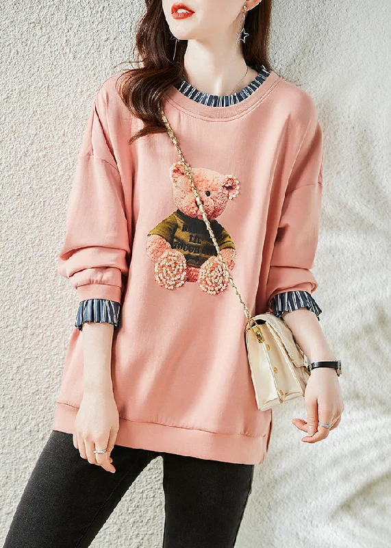 Collaborative SweatshirtsFashion Pink Bear Patchwork Warm Fleece Sweatshirts Top Winter