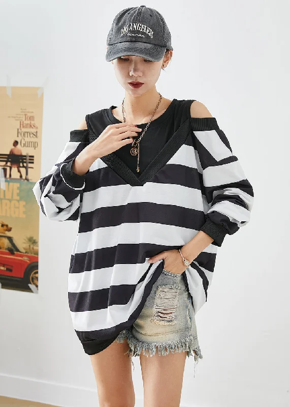 Running SweatshirtsFitted Black Cold Shoulder Patchwork Striped Cotton Sweatshirt Fall