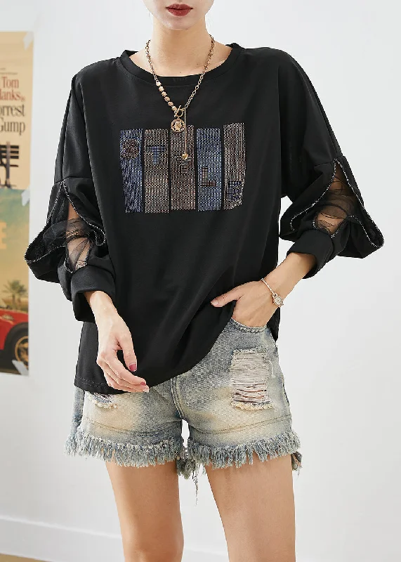 Plush HoodiesFrench Black Zircon Patchwork Cotton Sweatshirt Tops Fall