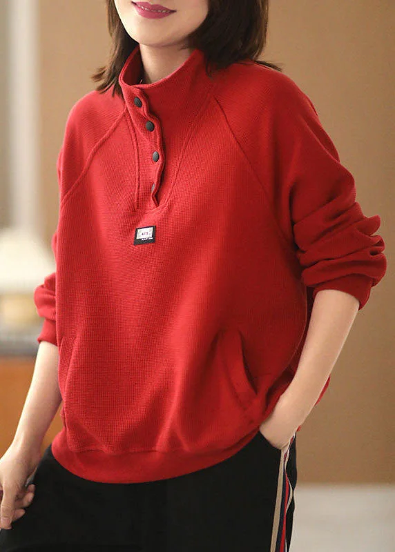 Ruffled SweatshirtsFrench Red Stand Collar Pockets Cotton Loose Sweatshirts Top Long Sleeve