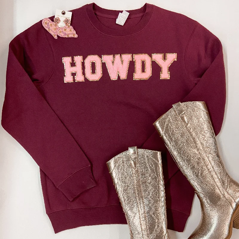 Glitter SweatshirtsHowdy Chenille Letter Graphic Sweatshirt with Long Sleeves in Maroon