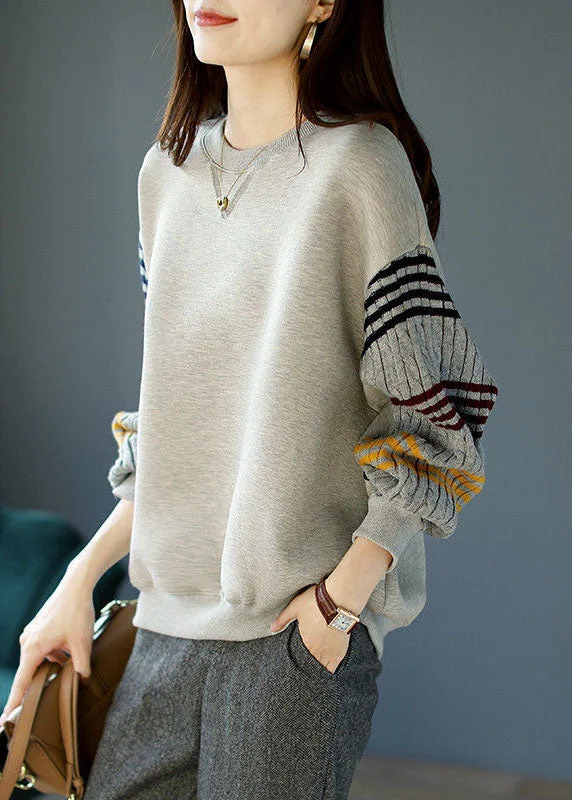 High-Fashion SweatshirtsLazy Grey O-Neck Striped Knit Patchwork Cotton Sweatshirt Long Sleeve