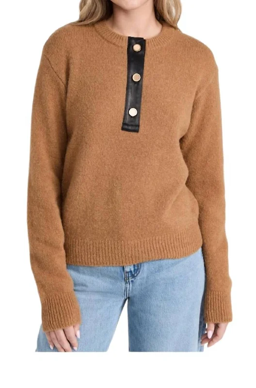 Plush HoodiesLeather Placket Sweatshirt In Henley Camel