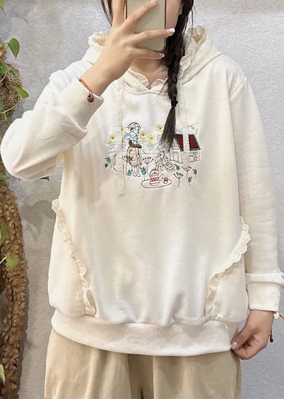 Hiking HoodiesLoose Beige Hooded Embroidered Cotton Sweatshirts Spring