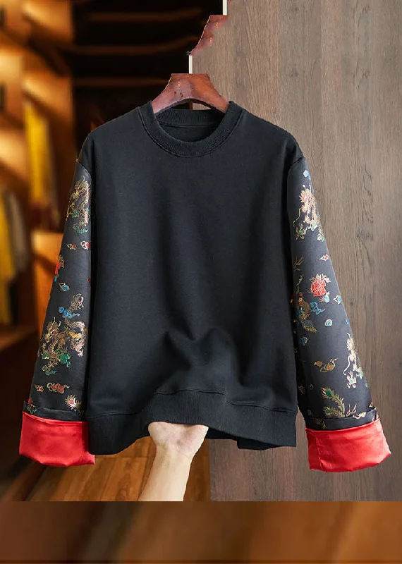 Statement HoodiesLoose Black O-Neck Embroideried Patchwork Cotton Sweatshirt Long Sleeve