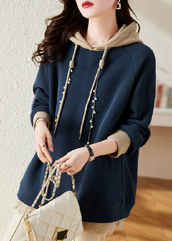 Cultural SweatshirtsLoose Navy Hooded Nail Bead Patchwork Fleece Sweatshirt Long Sleeve