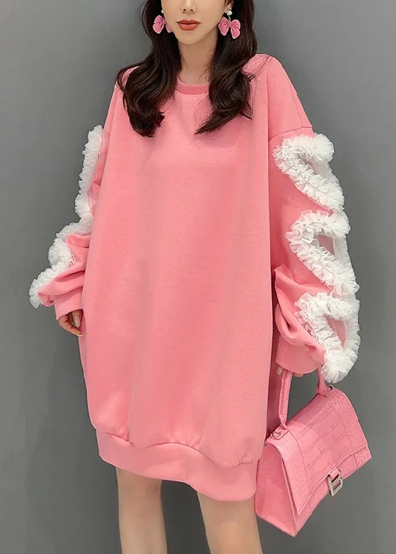 Compression SweatshirtsLoose Pink O Neck Tulle Patchwork Cotton Sweatshirt Long Sleeve