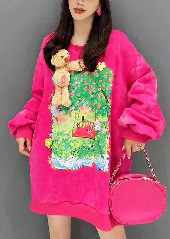 Glitter SweatshirtsLoose Rose Print Side Open Patchwork Cotton Sweatshirt Long Sleeve