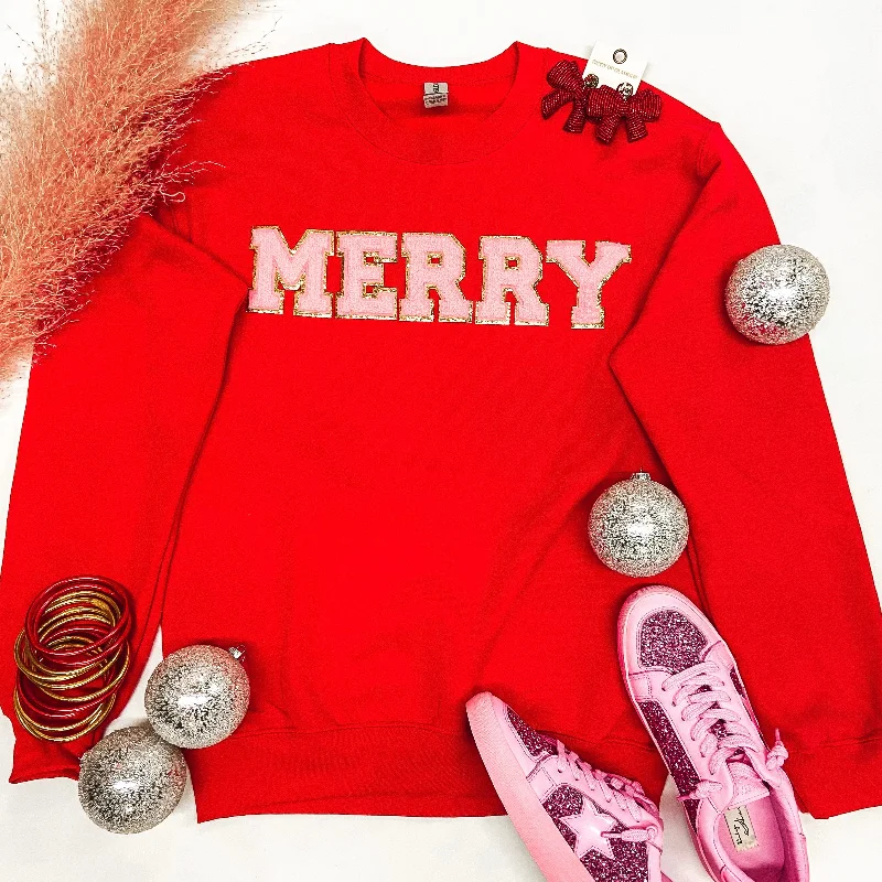 Polyester HoodiesMerry Chenille Letter Graphic Sweatshirt with Long Sleeves in Red