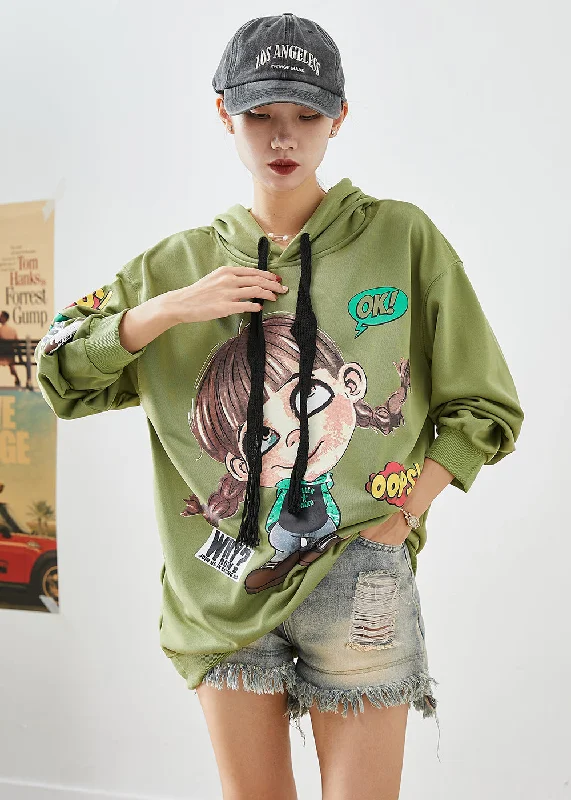 Yoga SweatshirtsModern Green Hooded Cartoon Print Cotton Sweatshirts Top Fall