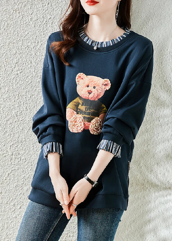 Band Merch SweatshirtsNavy Patchwork Warm Fleece Sweatshirt Bear Print Nail Bead Winter