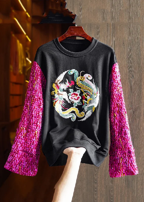 Button-Up SweatshirtsNew Black O Neck Embroideried Patchwork Cotton Sweatshirts Fall