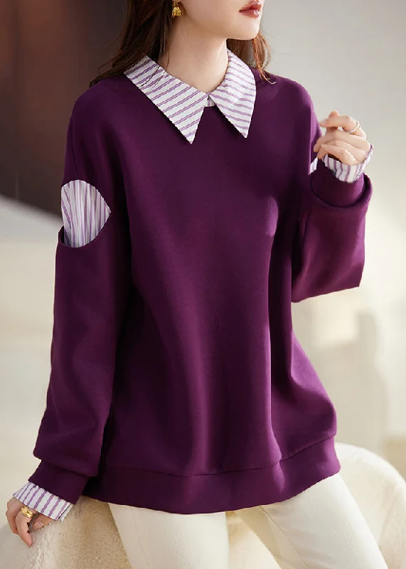 Artist HoodiesNew Purple Peter Pan Collar Patchwork False Two Pieces Cotton Sweatshirt Fall