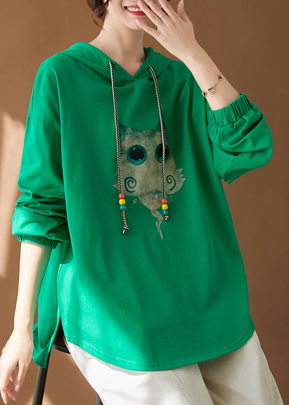 Travel SweatshirtsOrganic Green Hooded Print Cotton Sweatshirts Tracksuits Fall