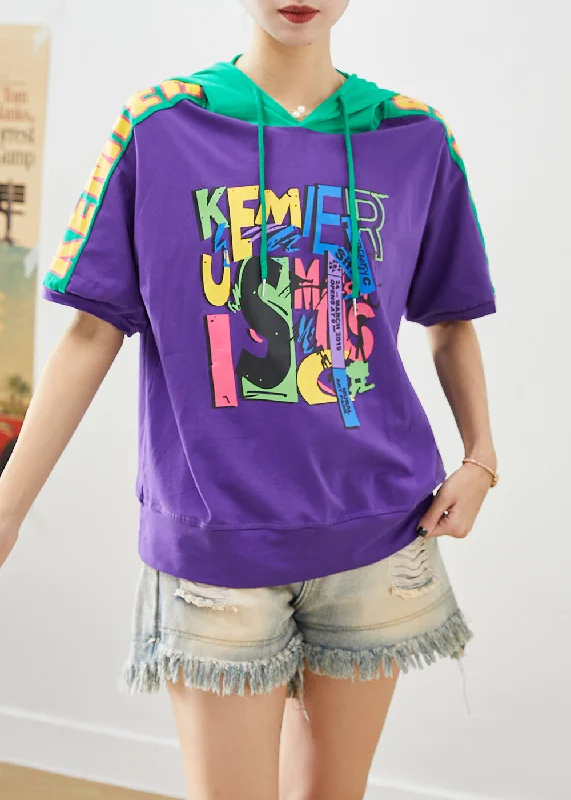 Thermal HoodiesPurple Patchwork Cotton Sweatshirts Top Hooded Print Summer