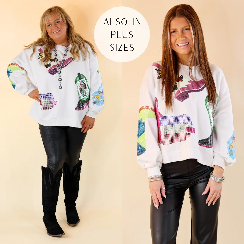 Lace-Up HoodiesQueen Of Sparkles | Two-Step Dreams Sequin Boot Long Sleeve Sweatshirt in White