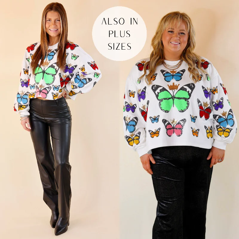 Studded SweatshirtsQueen Of Sparkles | Fluttering Dreams Multi-Colored Sequin Butterfly Long Sleeve Sweatshirt in White