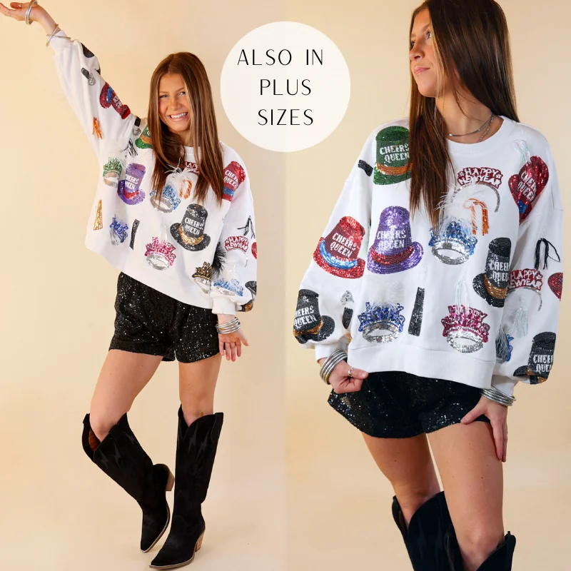 Metallic HoodiesQueen Of Sparkles | Sequin New Years Hat Long Sleeve Graphic Sweatshirt in White