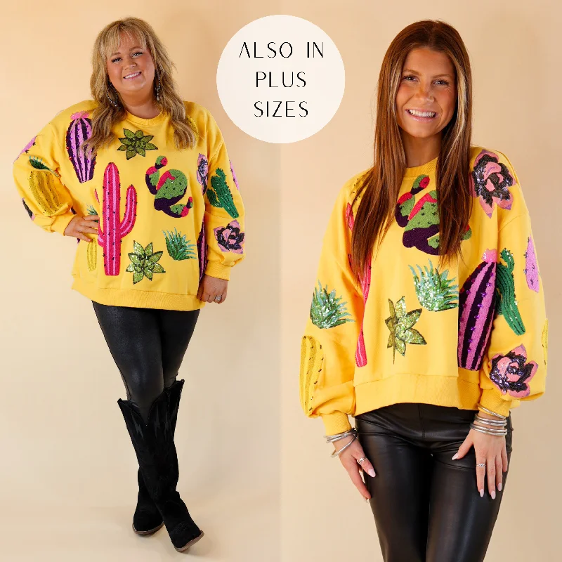 Painted HoodiesQueen Of Sparkles | Desert Daisy Sequin Cacti Long Sleeve Sweatshirt in Yellow