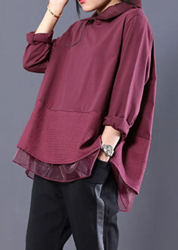 Cropped SweatshirtsRed Organza Patchwork Sweatshirts Top Fall