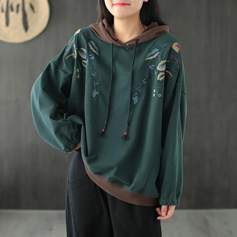 Outdoor SweatshirtsRetro Leaves Embroidery Hooded Sweatshirt Oversize Top