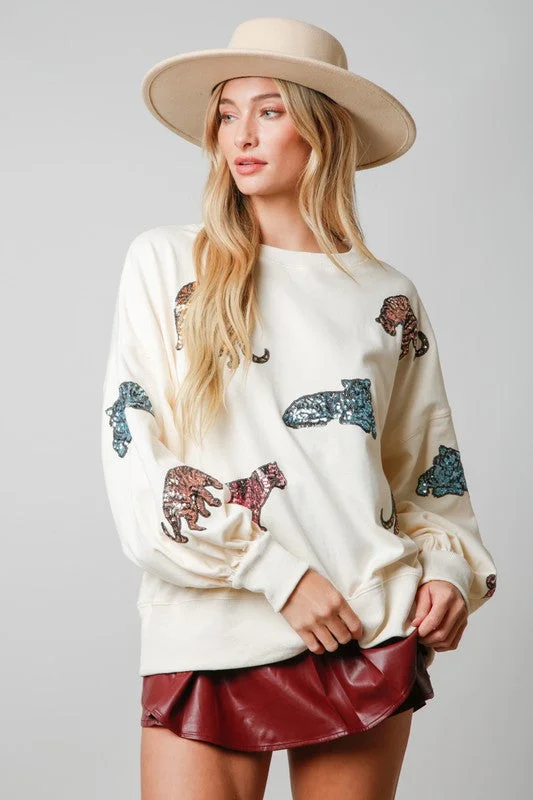 Glitter SweatshirtsSequin Tiger Print Cream Sweatshirt