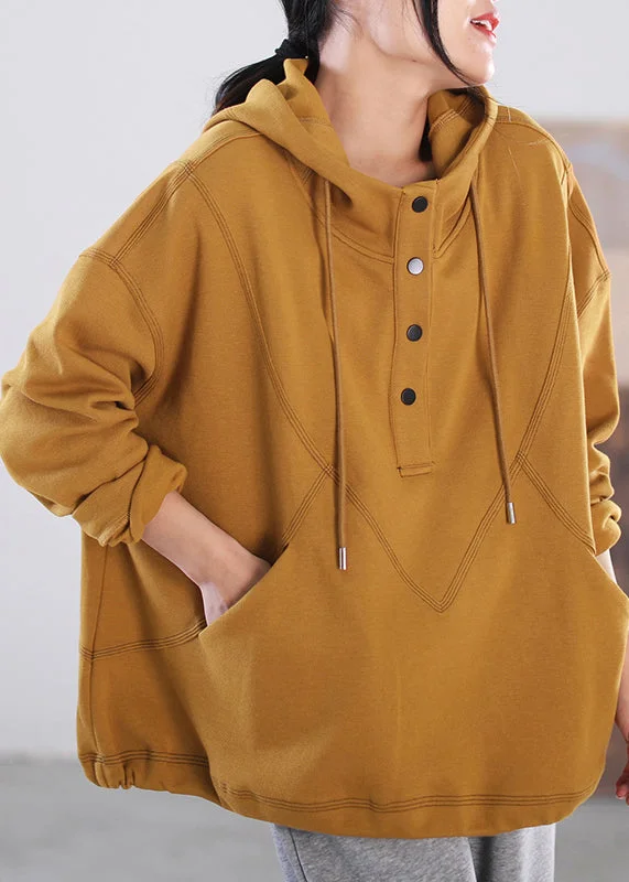 Cultural SweatshirtsSimple Beige Patchwork Drawstring Button Pockets Hooded Sweatshirts Long Sleeve