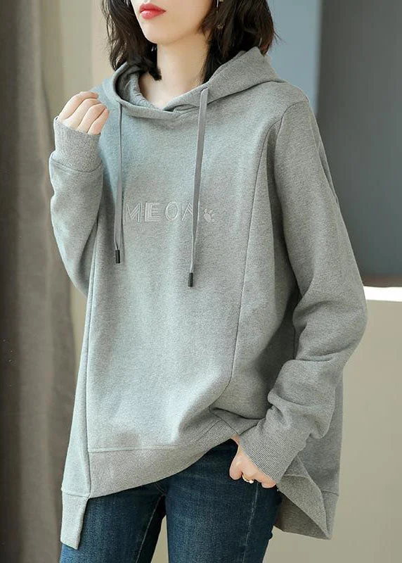 Fitted SweatshirtsSimple Grey Asymmetrical Graphic Print Drawstring Cotton Sweatshirt Long Sleeve