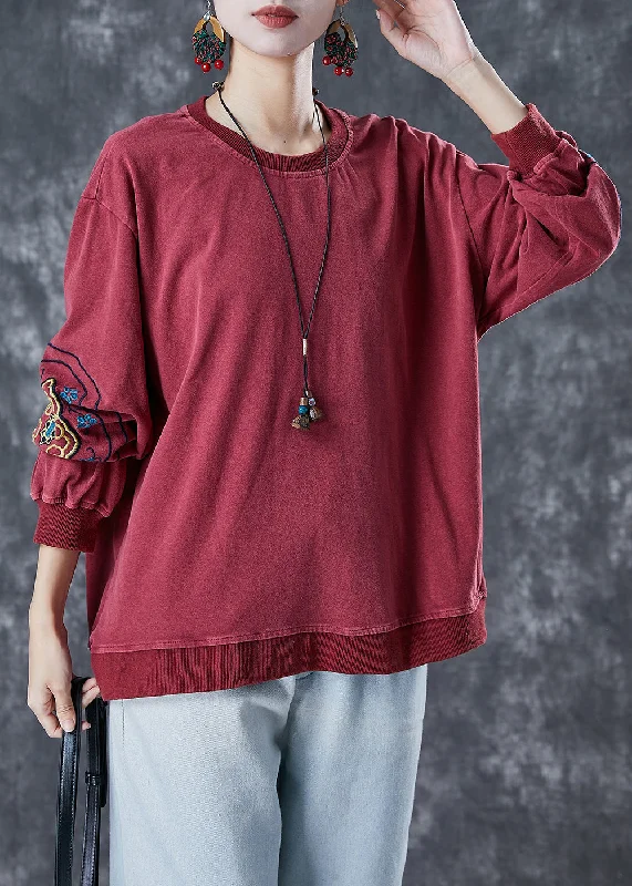 Athletic HoodiesStyle Dull Red Embroideried Cotton Loose Sweatshirts Top Fall