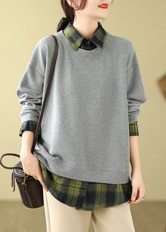 Layered SweatshirtsStylish Grey Peter Pan Collar Patchwork Fake Two Pieces Sweatshirt Fall