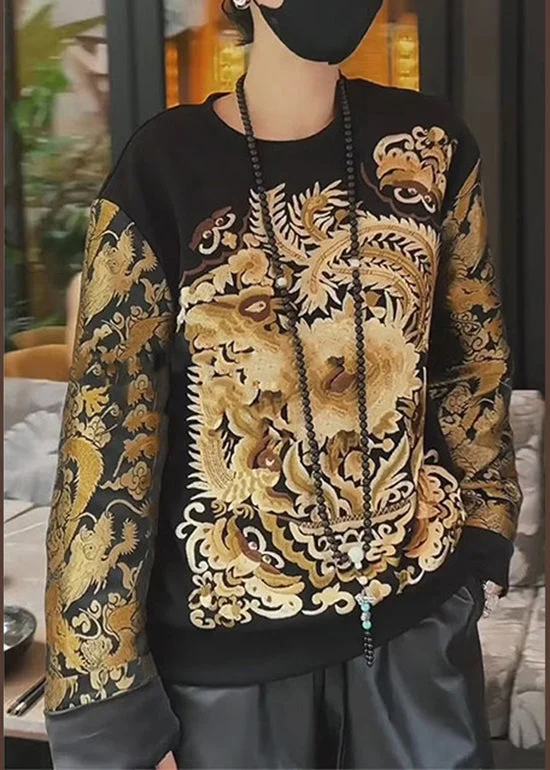 Oversized HoodiesVintage Black Oriental Embroideried Cotton Sweatshirts Top Fall