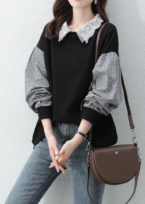 Polyester HoodiesWomen Black Peter Pan Collar Patchwork False Two Pieces Cotton Sweatshirt Fall