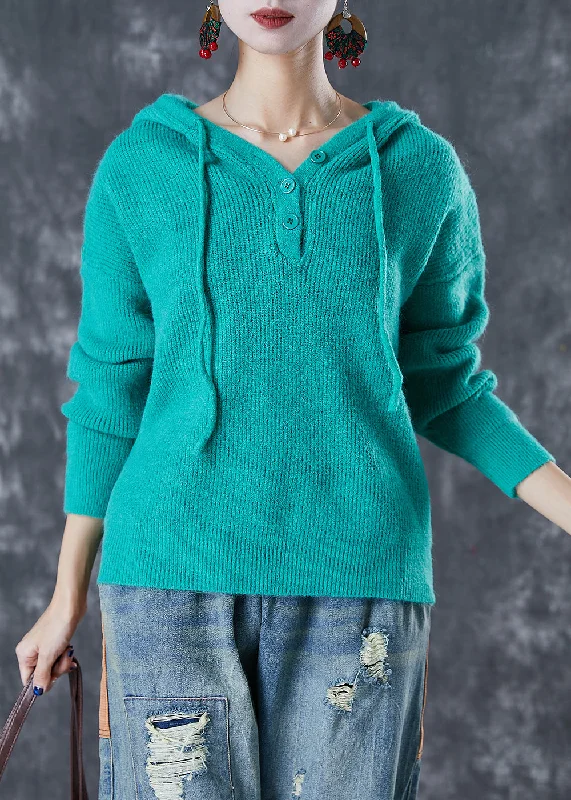 Cropped HoodiesWomen Green Hooded Drawstring Knit Sweatshirts Top Fall