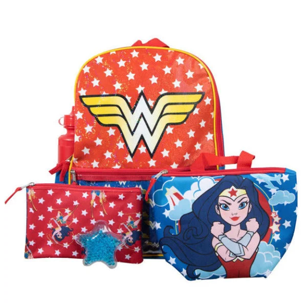 Wonder Woman 5-Piece Backpack Set With Insulated Lunch Bag, Waterbottle, Star-Shaped Ice Pack, and Zippered Utility Case