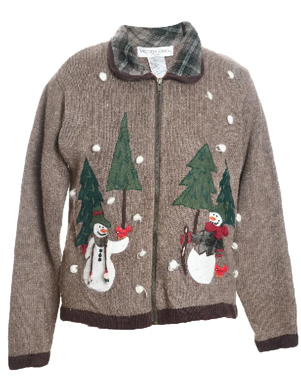 Band Merch T-ShirtsLight Brown Snowman Design Zip-Front Christmas Cardigan - L