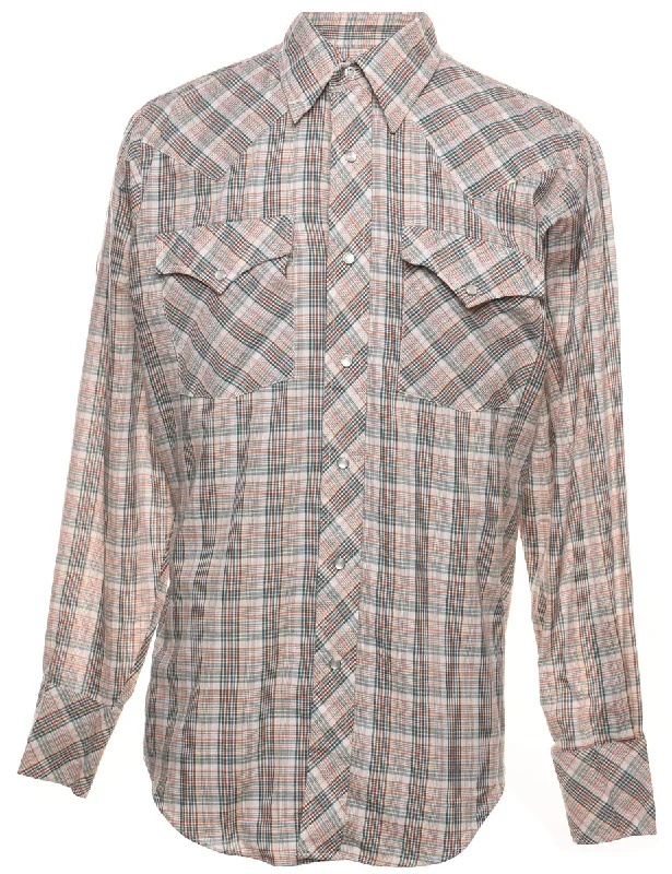 Blended Fabric T-ShirtsLong Sleeved Light Brown & Grey Checked Western Shirt - M