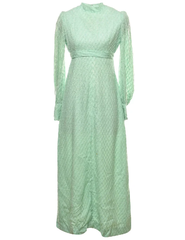 Gym T-ShirtsMint Green Long-Sleeve 1970s High Neck Maxi Dress - M