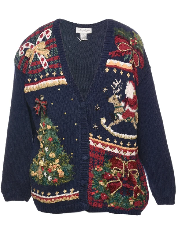 Sequined T-ShirtsNavy Christmas Cardigan - L