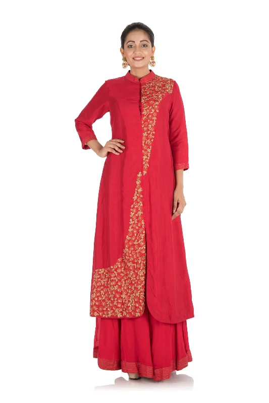 Hand Embroidered Apple Red Bandhgala Sharara Set