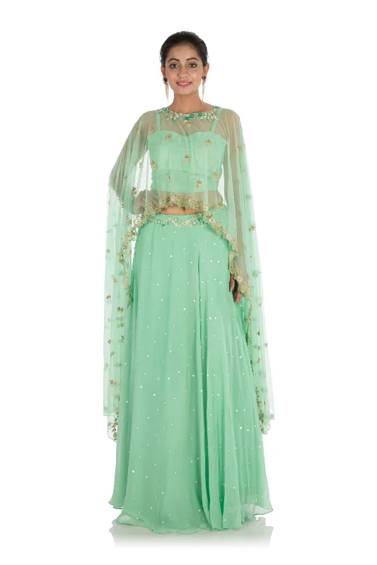 Hand Embroidered Mint Green Cape Lehenga Set