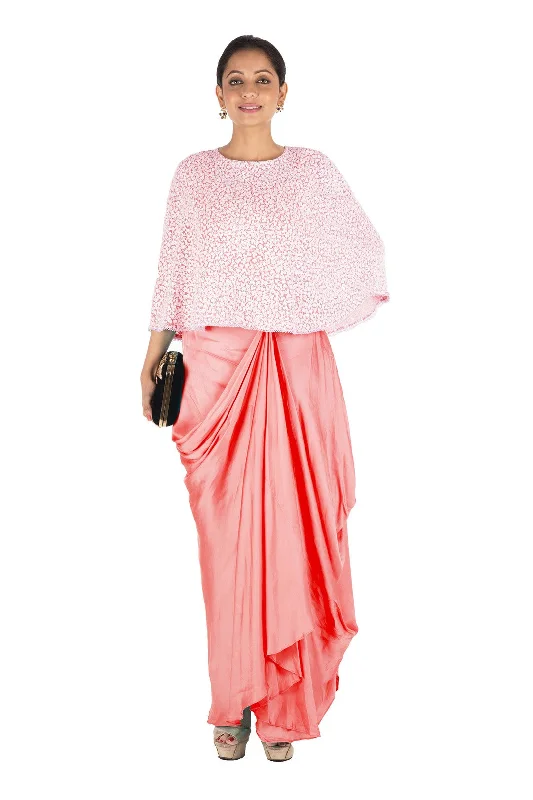 Hand Embroidered Peach Drape Skirt & Cape Set