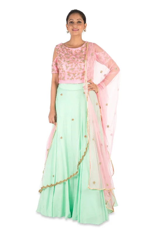 Hand Embroidered Pink & Sea Green Lehenga Set