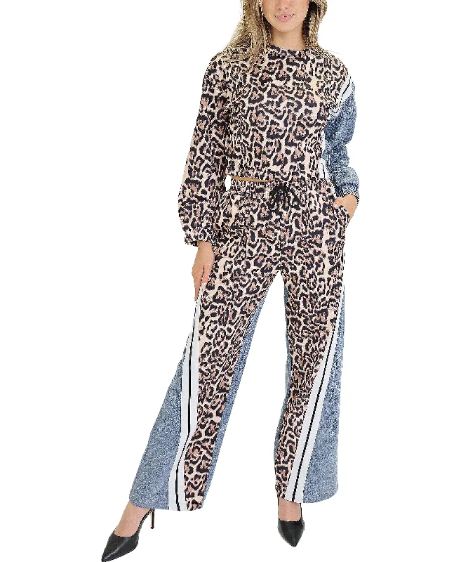 Leopard & Denim Top & Pants Set- 2 Pc Set