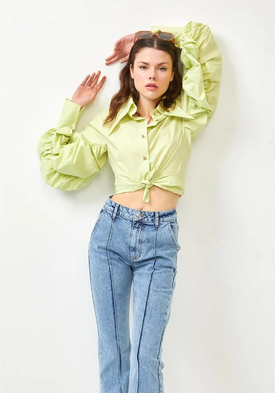 Setre Ruched Cotton Shirt, Lime Green