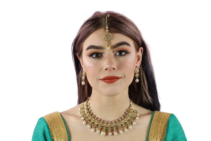 Show-Stopping Gold Pearl Necklace Set with Earrings and Tika - 0946