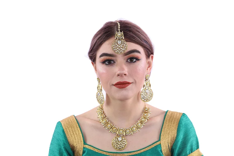 The Queen Gold Necklace Set with Earrings and Tika - 1016