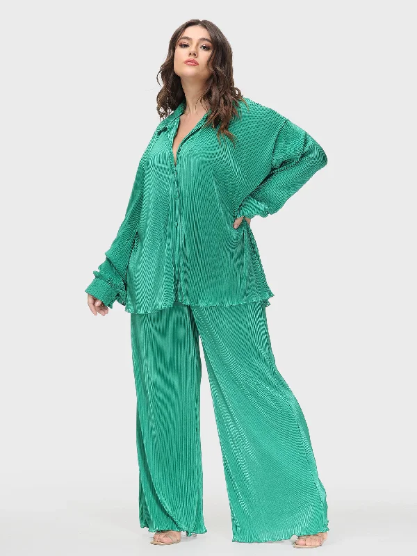 Thin Pleated Wide-Legged Pants Suit Set