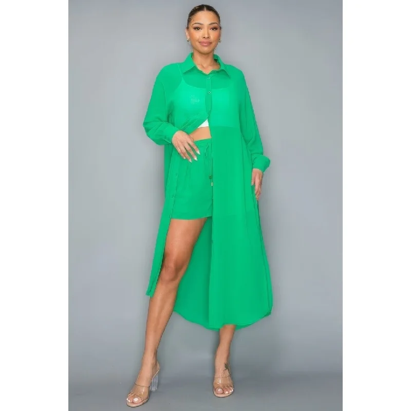 Chiffon Button Down Long Sleeve Side Slit Long Top With Short Set