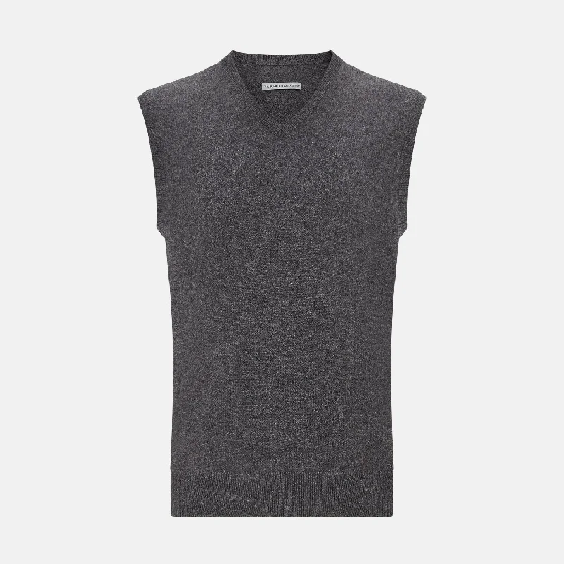 Charcoal Grey Melange V-neck Cashmere Vest