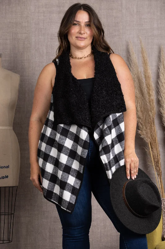 BLACK PLAID SOFT FUR POCKET PLUS SIZEVEST-M5200